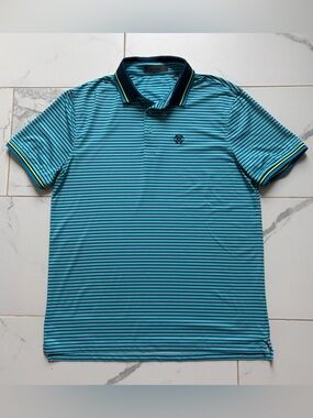 G/FORE Blue Striped Performance Polo with Navy Trim